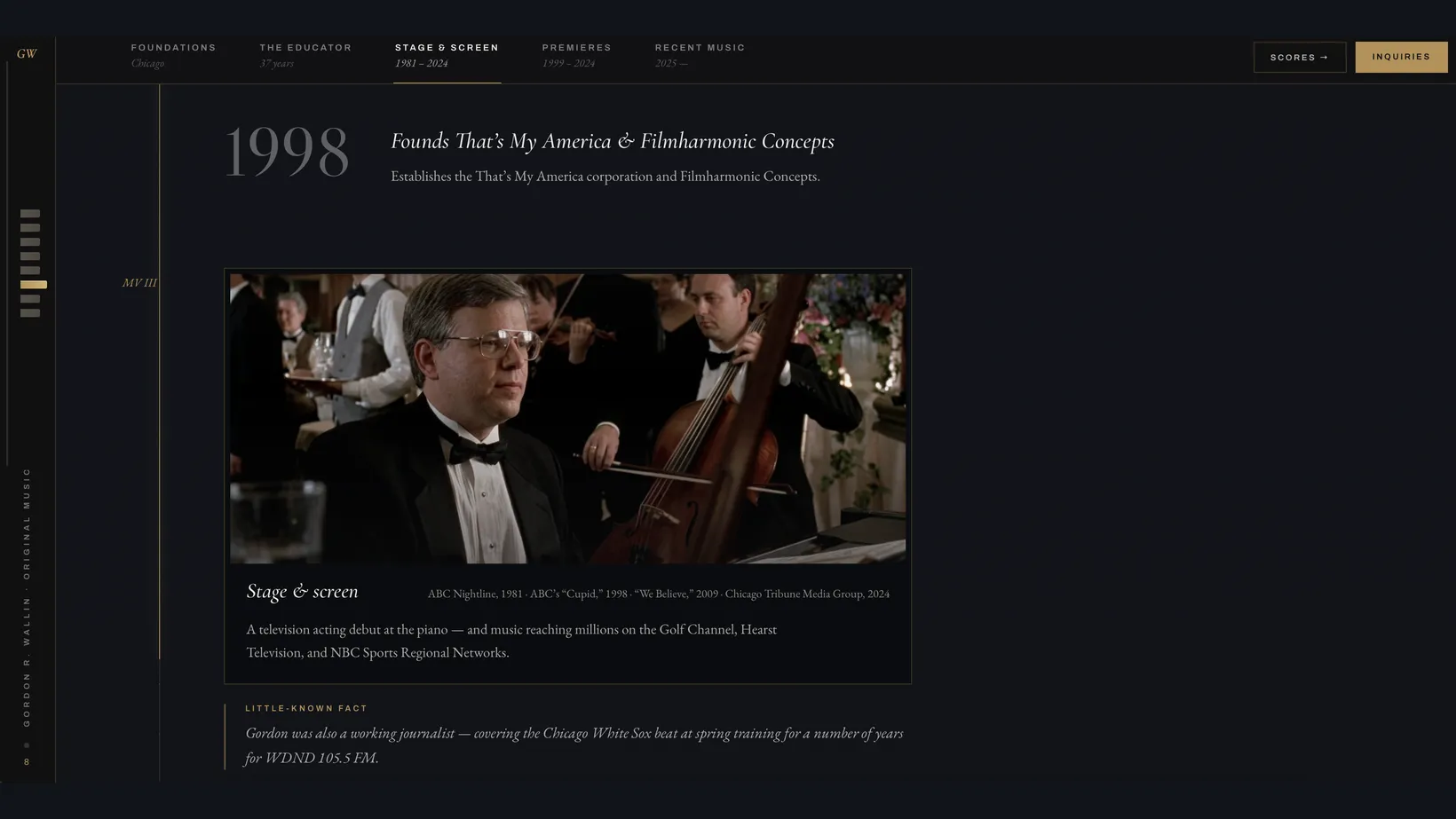 GRW Original Music website, the stage & screen chapter: 1998, Founds That’s My America & Filmharmonic Concepts, with Gordon R. Wallin at the piano on ABC’s “Cupid”