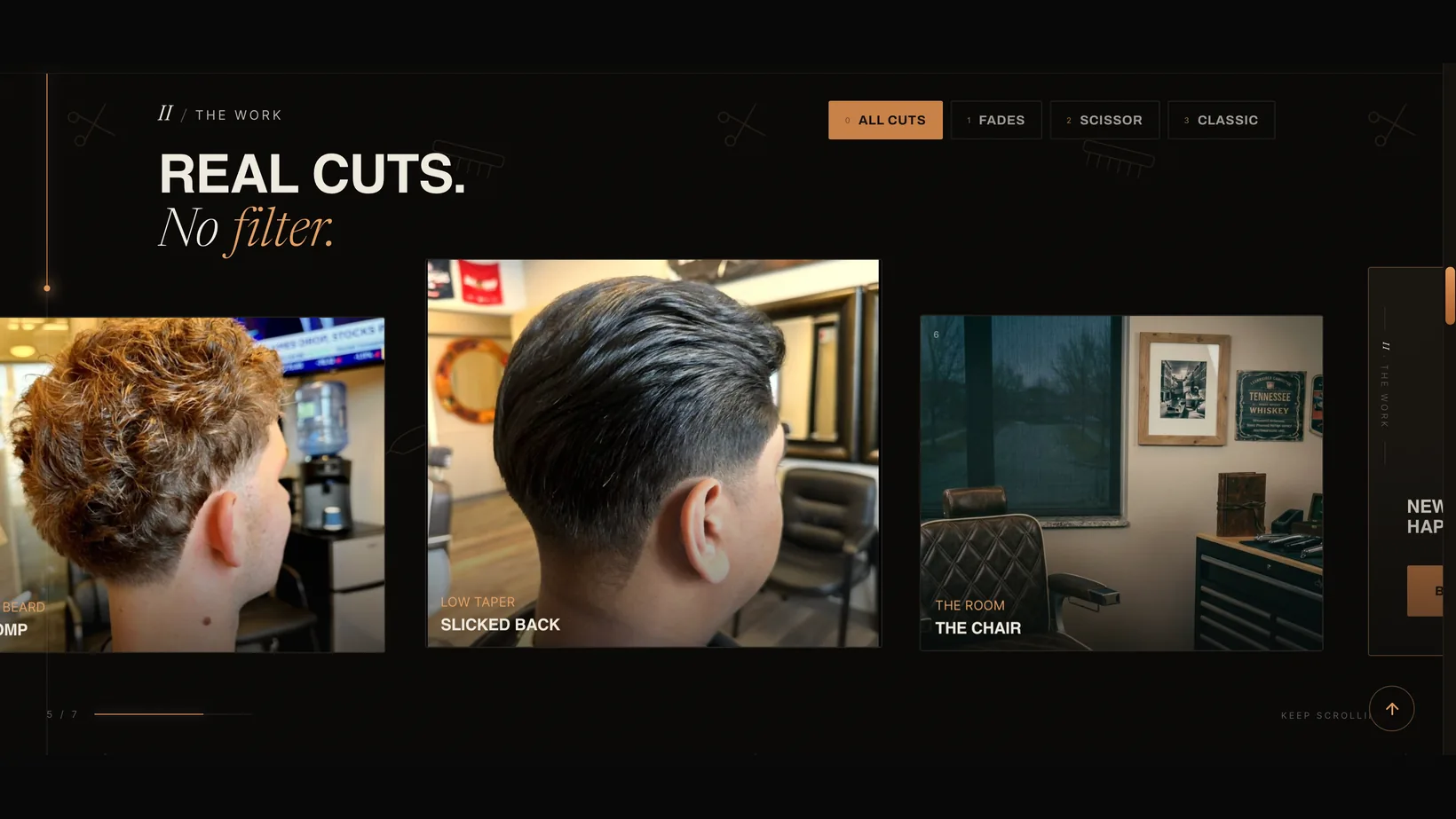 House of Handsome website, the work: Real cuts. No filter., a cut gallery filtered by fades, scissor, and classic