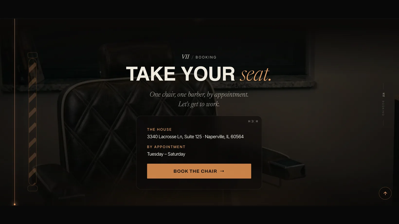 House of Handsome website, booking: Take your seat., with the shop address and Book the Chair