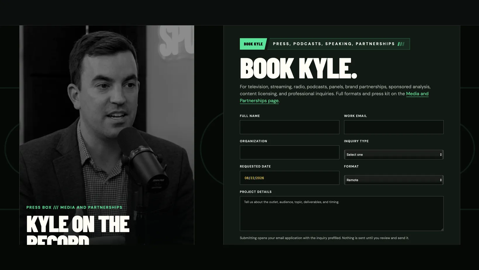 Let’s Cash Sports website, press and partnerships: Book Kyle., an inquiry form for television, podcasts, panels, and licensing